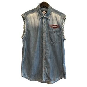 Harley Davidson Mens Denim Frayed Sleeveless Distressed Shirt Embroidered Size M
